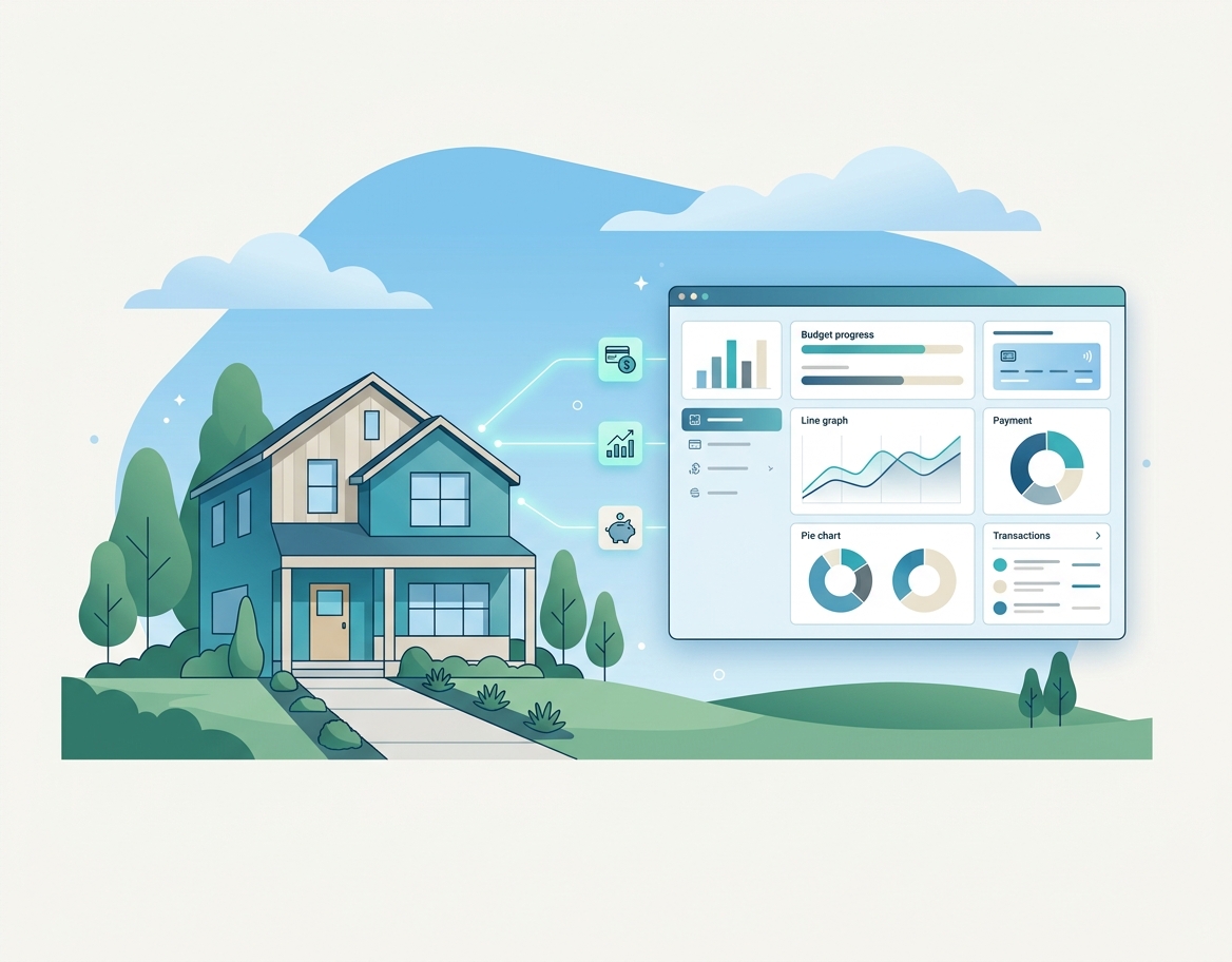 Mortgage calculator dashboard displayed beside a home illustration